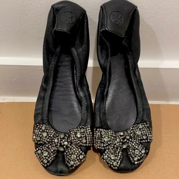 Black Tory Burch Flats with Crystal Beaded Bow - Picture 1 of 6